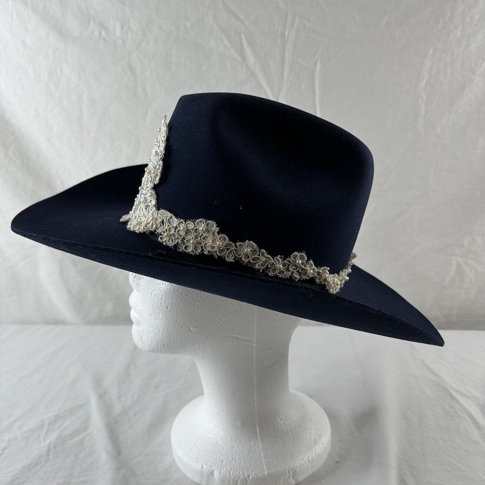 Vtg American Hat Company Co Cowboy Hat Sz 7 Maxi-felt Navy Blue Wedding Appliqué - Picture 4 of 11